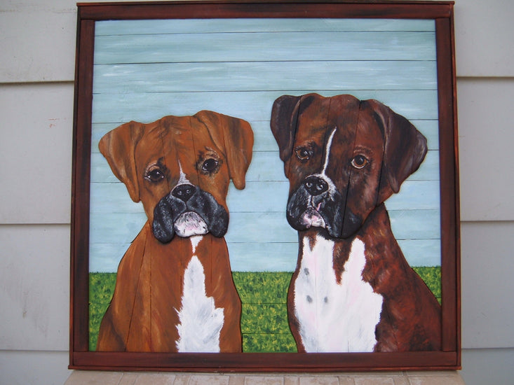 2 Boxer Dogs Wood Picture